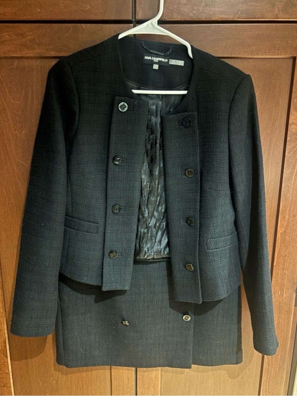 Karl Lagerfeld Black Collarless Double-Button Women's Blazer and Skirt